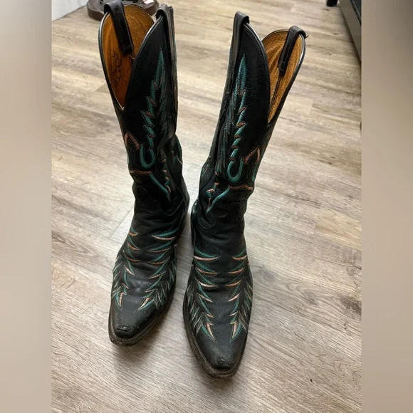 Lucchese Black and Turquoise Snip Toe Western Cowboy Boots Size 7 - Picture 13 of 16
